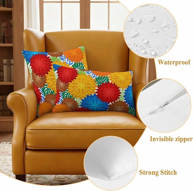 Red Yellow Blue Flowers Outdoor Pillow Covers Waterproof, All Weather Cushion Case Set of 2, Boho Colorful Floral Plant Lumbar Pillowcase for Sofa Couch Bed Decor Patio Furniture 20"x12"