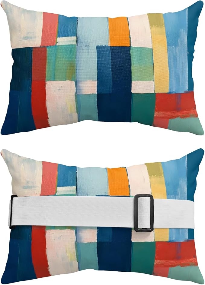 Blue Green Red Outdoor Chaise Lounge Head Pillow with Insert,Vintage Abstract Colorful Block Art Waterproof Headrest Lumbar Pillow Cusion Cover with Elastic Strap for Patio Beach Recliner,11"x16" 2PCS