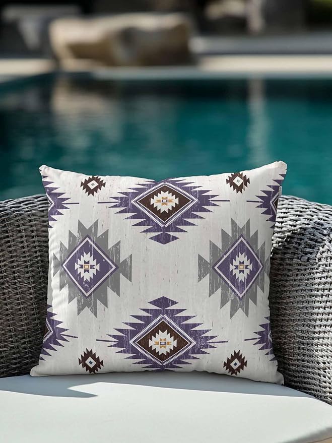 Waterproof Outdoor Pillow 1 Pack Purple Boho Aztec Decorative Throw Pillows Cover & Insert 18x18 Inch Pillowcase Southwest Tribal Style Square Pillows for Couch Sofa Bed Patio Furniture Indoor Outdoor