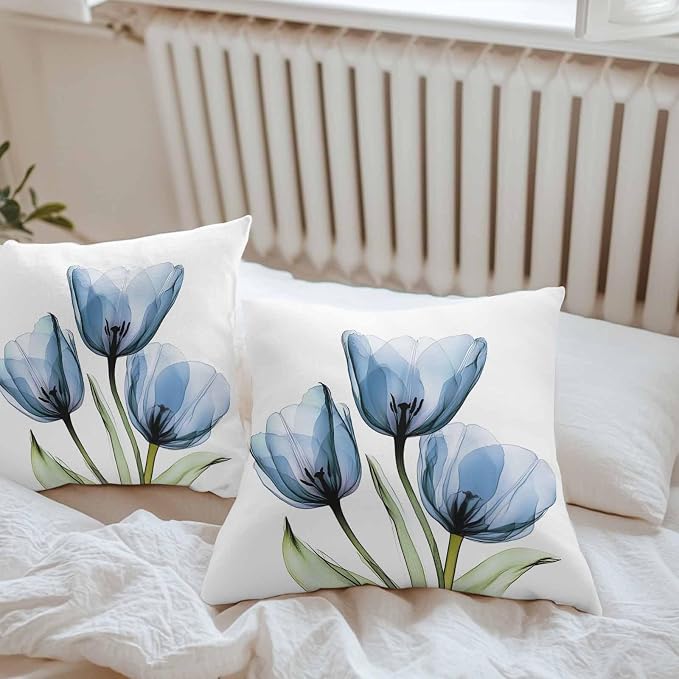 Rustic Blue Tulip Outdoor Pillow Covers 20x20in Pack of 2 Waterproof Pillowcase Watercolor Farmhouse Flower Decorative Throw Cushion Case for Patio Couch Sofa