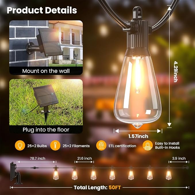 50FT Solar String Lights Outdoor Waterproof IP65 with USB-Charging , Solar Powered LED Patio Lights with 25+2 Shatterproof ST38 Edison Bulbs, Hanging Lights for Outside Backyard Garden Bistro Gazebo