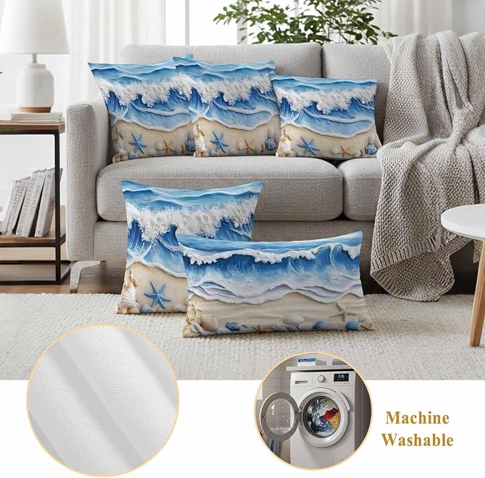 Summer Beach Outdoor Waterproof Throw Pillow Covers Set of 2, 24"x24", Seashell Starfish Nautical Coastal Decorative Pillow Covers Outside Cushion Case for Patio Porch Garden
