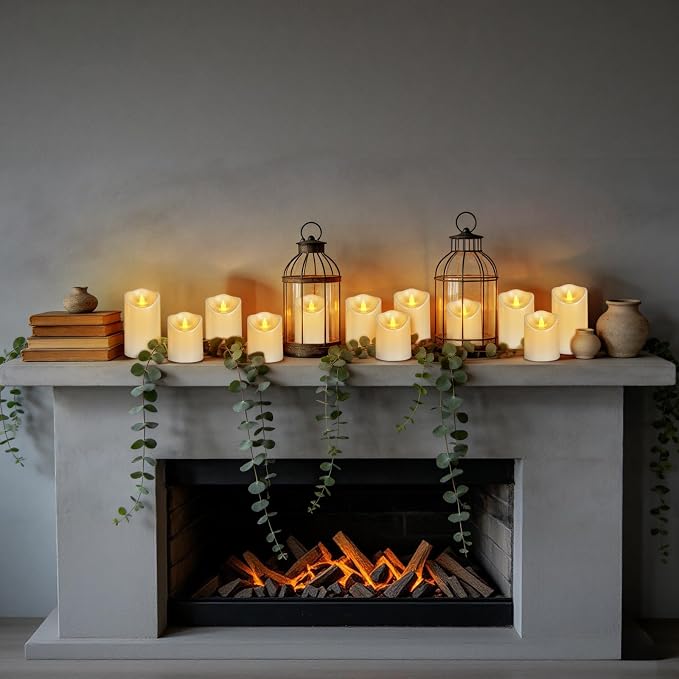 Outdoor Flameless Candles, Patented 3D Dual-LED, Set of 9 Slanted Plastic Pillars with 2 Remotes, Pure White Waterproof Non-Melting Battery Operated Large Set for Modern Fireplace, White