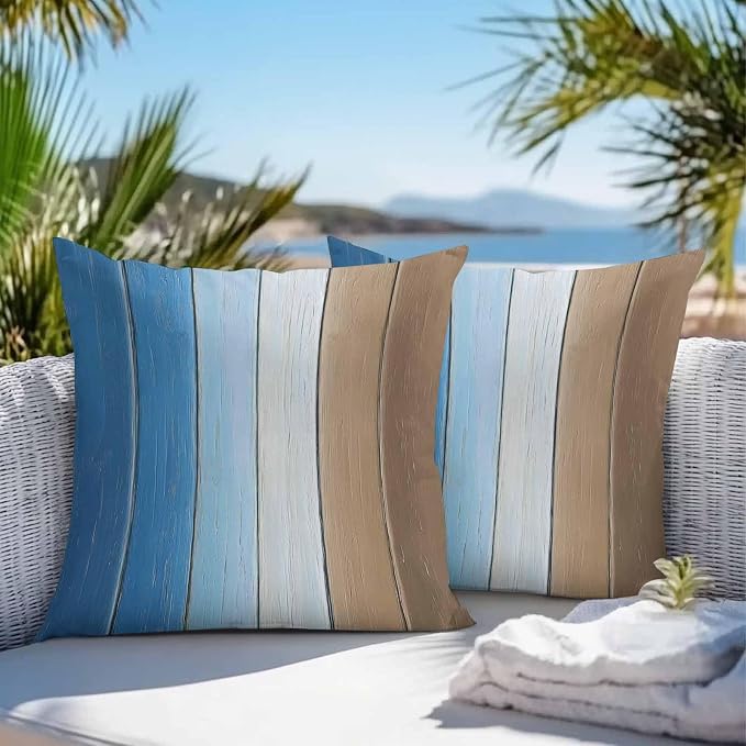 Throw Pillow Covers 18x18 Inch Set of 2, Blue Brown Waterproof Outdoor Cushion Covers, Gradient Wood Grain Farmhouse Country Decorative Pillowcases for Couch, Sofa, Bed, Garden, Patio