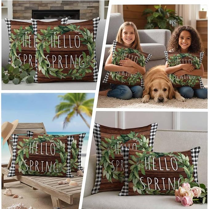 Hello Spring Outdoor Pillow Covers Pack of 2 Green Leaf Plant Black Plaid Brown Wood Grain Waterproof Throw Pillow Covers Decorative Cushion Cases for Patio Garden Tent Balcony Couch 18x18 inch