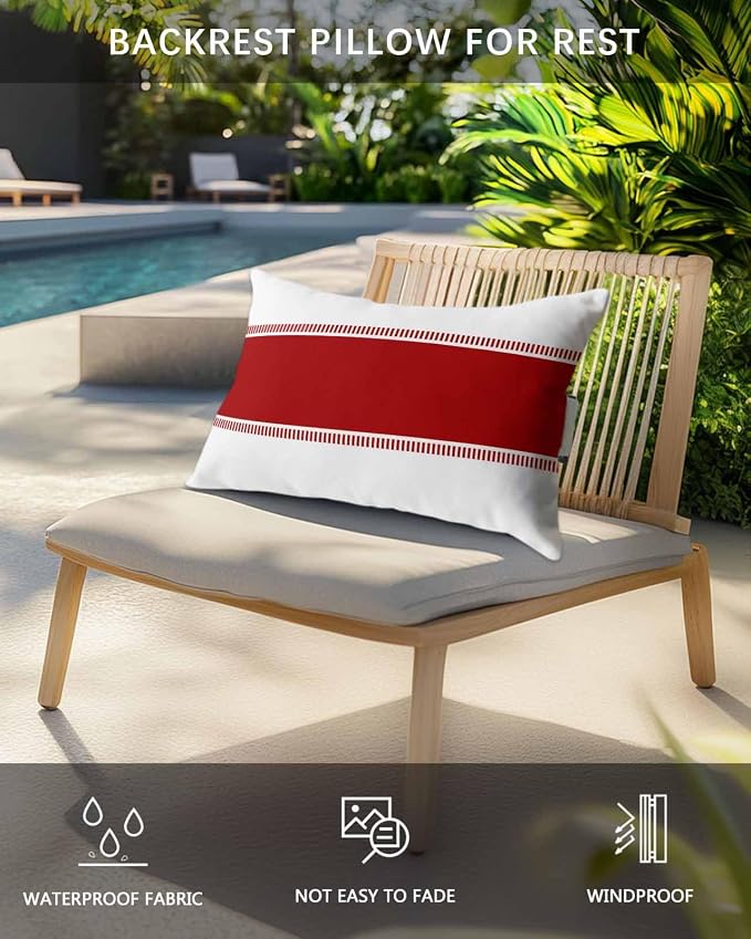 Pack of 2 Outdoor Lumbar Cushions with Inserts, Red Striped Geometric Abstract Pattern Waterproof Fluffy Fade Body Pillows, Patio Furniture Pillow for Home Balcony Garden Decor 11x16IN