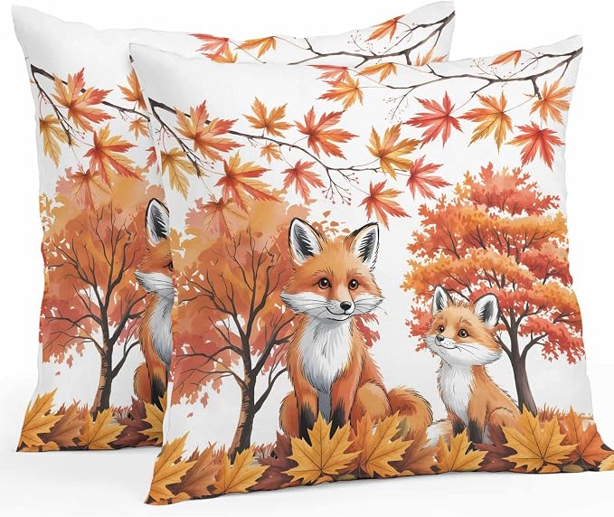 Orange Fox Outdoor Waterproof Pillow Covers, Thanksgiving Maple Leaves Autumn Trees Decorative Square Throw Pillowcase Sofa Cushion Sham for Patio/Couch/Chair, 26"x26" 2 Pack