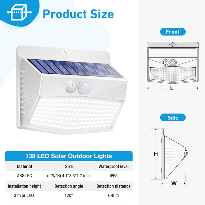 [4 Packs] Solar Outdoor Lights Motion Sensor Solar Security Lights Waterproof with 3 Lighting Modes Solar Powered Wall Lights Outside for Garden Fence Yard,White