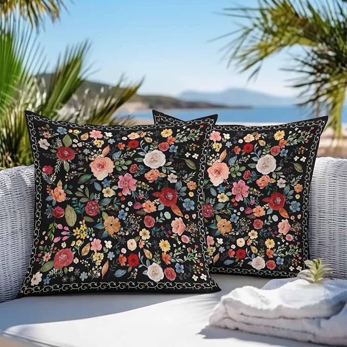 Vandarllin Outdoor Throw Pillows Covers 18x18 inch Set of 2 Waterproof Black Floral Decorative Zippered Cushion Covers for Patio Furniture, Farmhouse Vintage Flower Lumbar Pillowcases