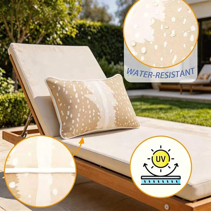 12x20 Inch Outdoor Lumbar Pillows, 4-Pack with Built-in Inserts. One-Piece Zipper-Free Design, Supportive, Fade & Water Resistant for Patio, Porch, Couch and Office Chair, Beige Fawn Print