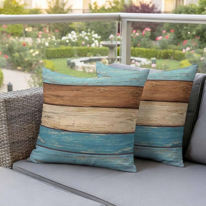 Farmhouse Light Blue Brown Outdoor Waterproof Pillow Covers, Vintage Wooden Striped Decorative Square Throw Pillowcase Sofa Cushion Sham for Patio/Couch/Chair, 16"x16" 2 Pack