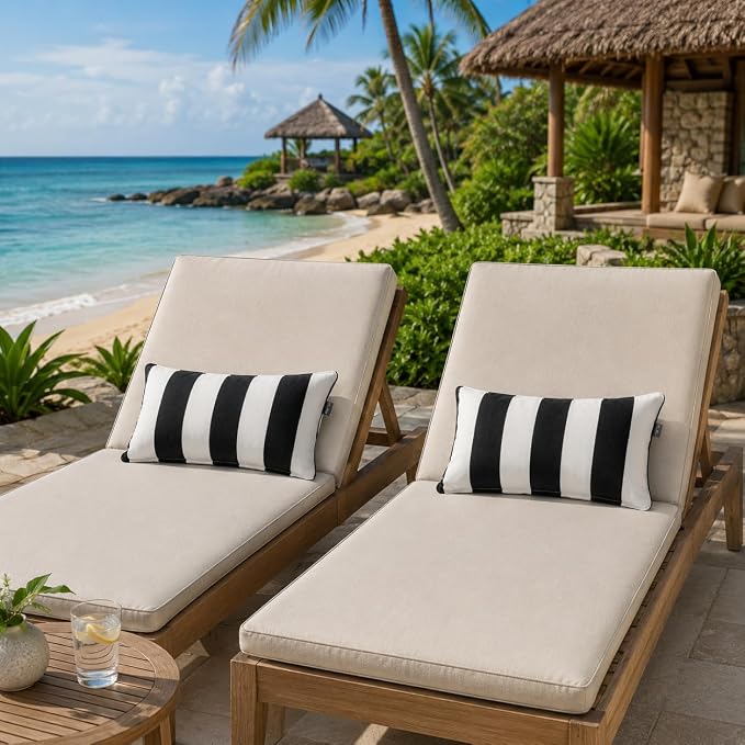 FUNHOME Outdoor Lumbar Pillows for Patio Furniture,12x20 Inch Decorative Pillows Set of 2 with Insert,Hidden Zipper Water Resistant Headrests for Sofa Couch Chair(Black White Stripe)