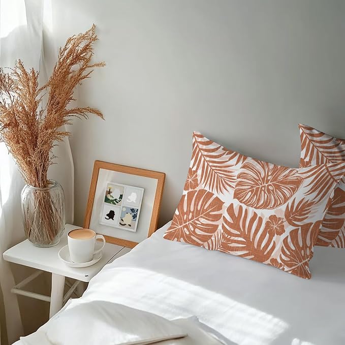 Burnt Orange Palm Leaves Outdoor Pillow Covers 20"x12" Set of 2, Tropical Botanical Minimalist Modern Waterproof Throw Pillow Covers for Patio Furniture, Decorative Cushion Covers for Porch