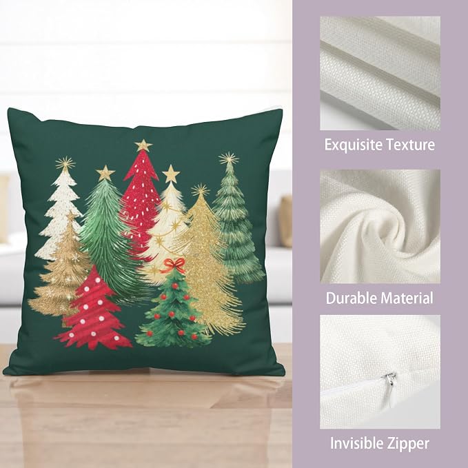 Christmas Pillow Covers 18x18 Set of 2 Colorful Xmas Tree Throw Pillow Covers Green Winter Holiday Decorative Pillowcase Double Sided Printing Cushion Case for Home Decor Sofa Couch