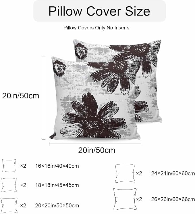Vandarllin Outdoor Throw Pillows Covers 20x20 inch Set of 2 Waterproof Black Sunflower Decorative Zippered Cushion Covers for Patio Furniture, Floral Field Lumbar Pillowcases