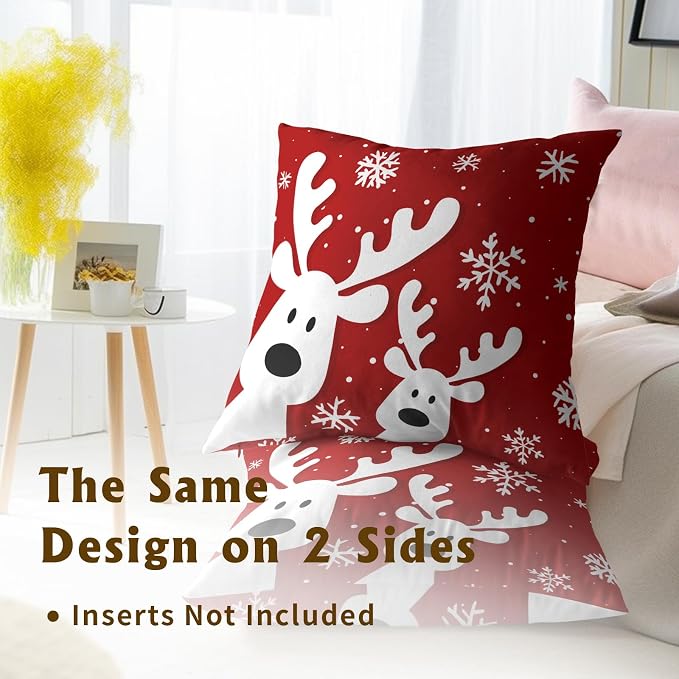Christmas Reindeer Throw Pillow Covers 18x18 Inch Set of 2, Funny Deers Xmas Red Decorative Pillowcases Soft Square Cushion Cover for Couch Sofa Porch Winter Holiday Home Decor