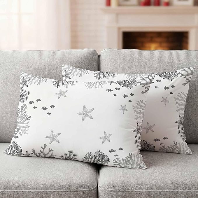 Summer Ocean Grey Coral Outdoor Waterproof Throw Pillow Covers Set of 2, 20"x12", Nautical Sea Watercolor Fish Starfish Decorative Pillow Covers Outside Cushion Case for Patio Porch Garden
