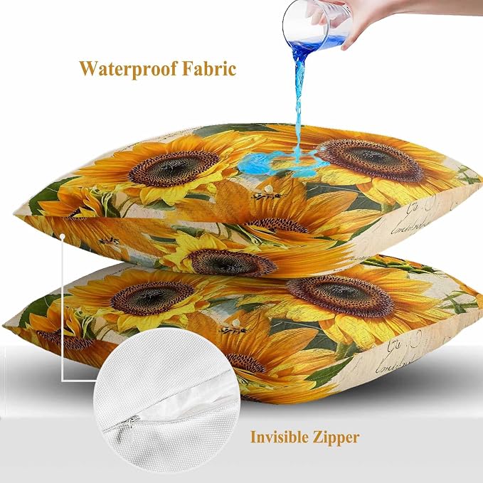 Throw Pillow Covers 20x20 Inch Set of 2, Yellow Sunflowers Waterproof Outdoor Cushion Covers, Country Vintage Botanical Floral Decorative Pillowcases for Couch, Sofa, Bed, Garden, Patio