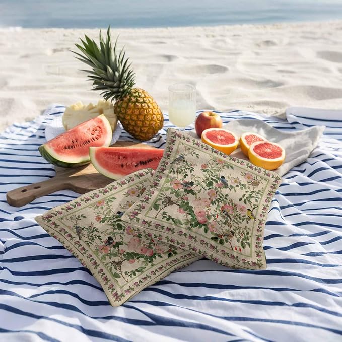 Vandarllin Outdoor Throw Pillows Covers 18x18 inch Set of 2 Waterproof Pink Floral Bird Decorative Zippered Cushion Covers for Patio Furniture, Green Leaves Branches Linen Lumbar Pillowcases