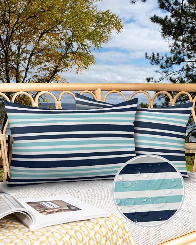 Outdoor Waterproof Throw Pillows Nautical Navy Blue Contrast Stripe Patio Pillows,Decorative Pillow Covers with Insert,Pillow Cushion Case for Garden Couch Sofa Modern Minimalist Line