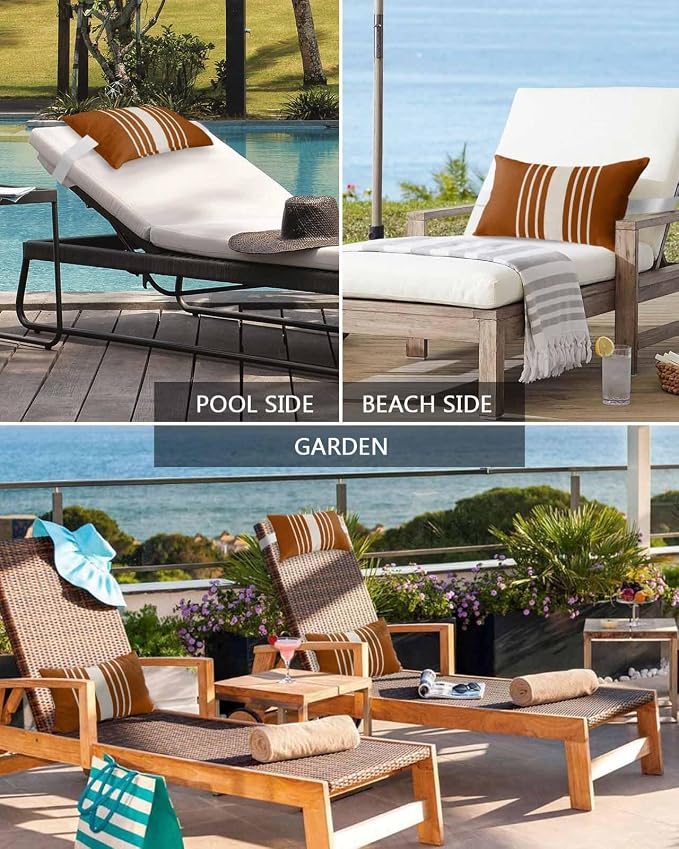 Pack of 2 Outdoor Lumbar Pillow Covers 11x16 Inch, Burnt Orange Beige Striped Waterproof Throw Pillow Covers Set, Modern Farmhouse Retro Lines Indoor&Outdoor Cushion Cases for Patio Porch Beach