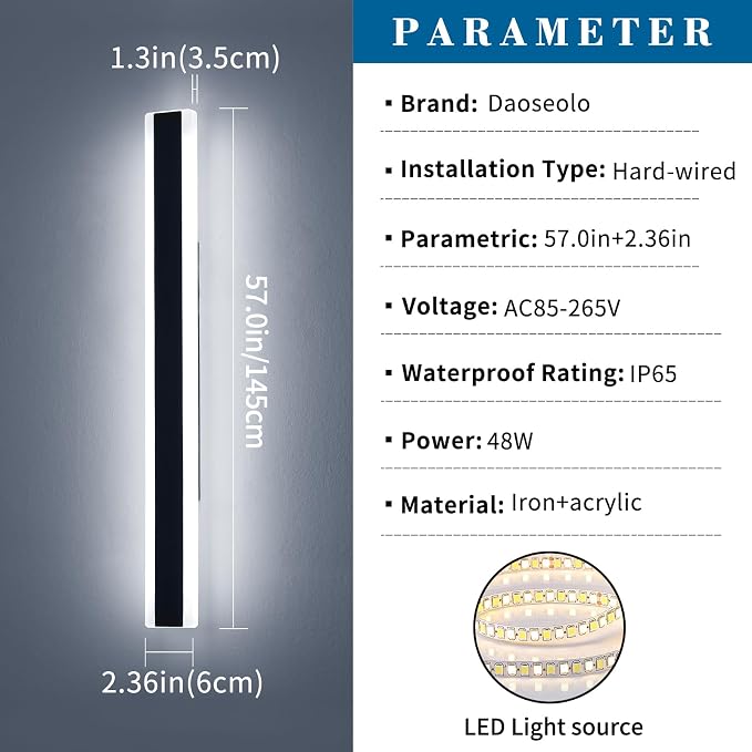 57inch Exterior Wall Light Fixture, 6000K Cold White, Modern Long Outdoor Wall Sconce, IP65 Waterproof, 50W, Black Minimalist Outside LED Strip Lights for Garage, Patio, Balcony, Fence