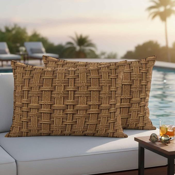 Vintage Rattan Waterproof Outdoor Pillow Covers 20''x12'' Set of 2, Minimalist Abstract Wicker Texture Brown Patio Furniture Cushion Covers for Chairs, Decorative Pillow Cases for Garden/Pool/Beach