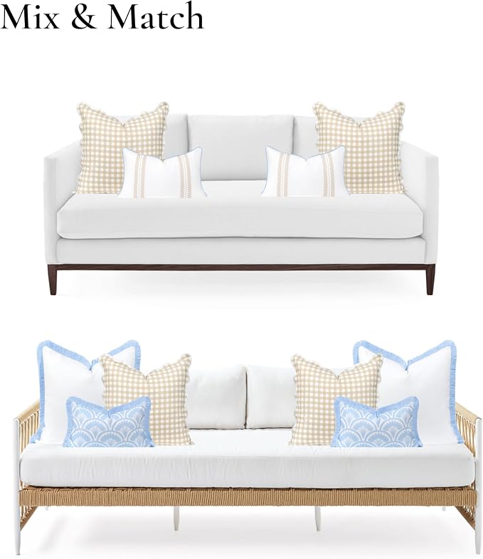 Hofdeco Premium Coastal Hampton Scalloped Patio Indoor Outdoor Throw Pillow Cover Only, 20"x20" Water Repellent for Backyard, Couch, Poolside, Neutral Tan Print Gingham