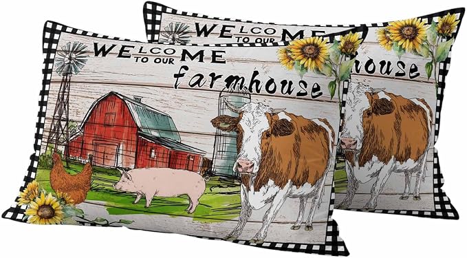 Outdoor Waterproof Pillow Covers 20x12Inch Farmhouse Animal Barn Chicken Pig Cow Throw Pillowcases for Patio Garden Couch Sofa Retro Wood Grain Farm Scene Decorative Cushin Case,Pack of 2