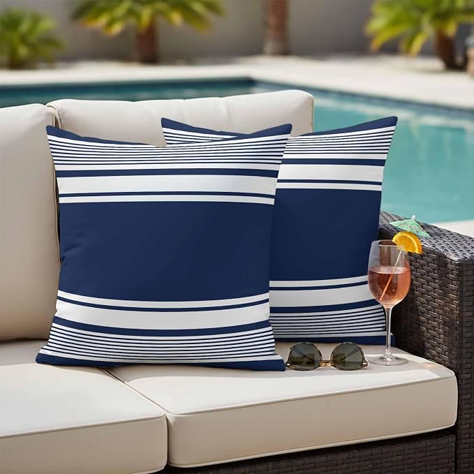 Vandarllin Outdoor Throw Pillows Covers 24x24 inch Set of 2 Waterproof Navy Blue Stripes Decorative Zippered Cushion Covers for Patio Furniture, Striped Lines Lumbar Pillowcases