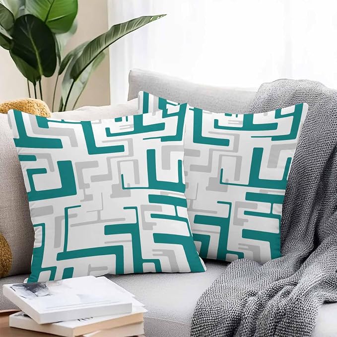 Vandarllin Outdoor Throw Pillows Covers 20x20 inch Set of 2 Waterproof Turquoise Geometric Stripes Decorative Zippered Cushion Covers for Patio Furniture, Modern Abstract Lines Lumbar Pillowcases