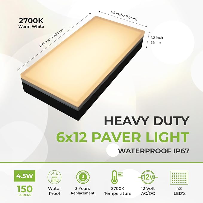 LUMENGY Paver Light 6x12 Inch (5.9x11.81), 2700K Warm White, Glare-Free Brick Lighting for Driveways, Walkways, Pool Decks and Patios, 12V Hardwired, IP67 Waterproof, Drive-Over Rated