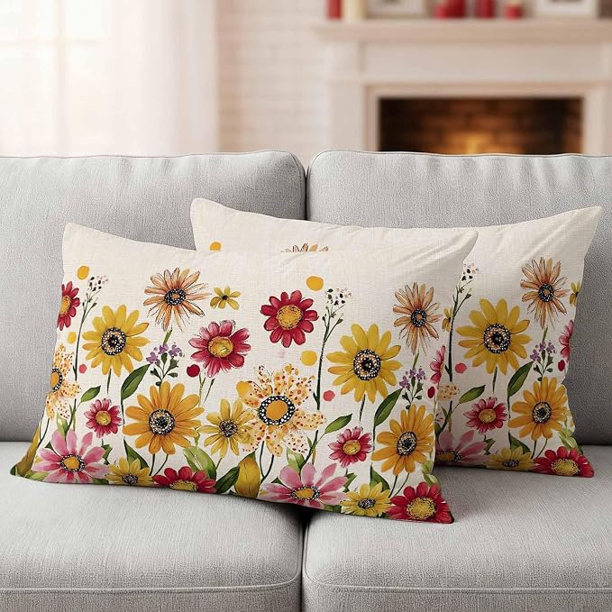Yellow Red Spring Floral Outdoor Waterproof Throw Pillow Covers 20x12 Set of 2, Pastoral Summer Flower Rustic Decorative Pillowcases Cushion Pillowcase for Couch Sofa Patio Outside Pillow Protector