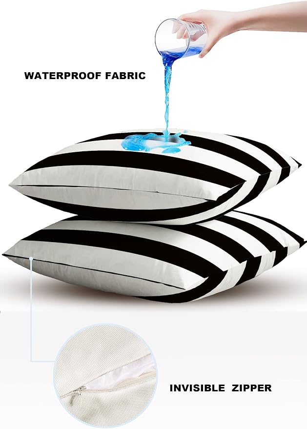 Outdoor Pillows 26x26 Waterproof Outdoor Pillow Covers, Black White Stripes Polyester Throw Pillow Covers Garden Cushion Decorative Case for Patio Couch Decoration Set of 2, Geometric