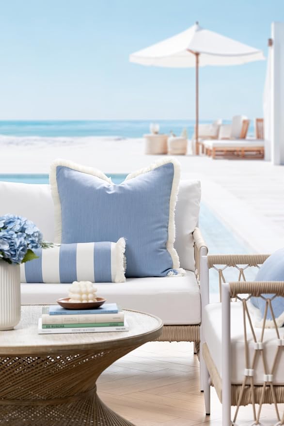 Hofdeco Premium Coastal Hampton Outdoor Performance Bolster Pillow Cover Only, 6"x20" Water Repellent, UV and Fade Resistant for Backyard, Couch, Poolside, Azure Blue Woven Beach Stripes