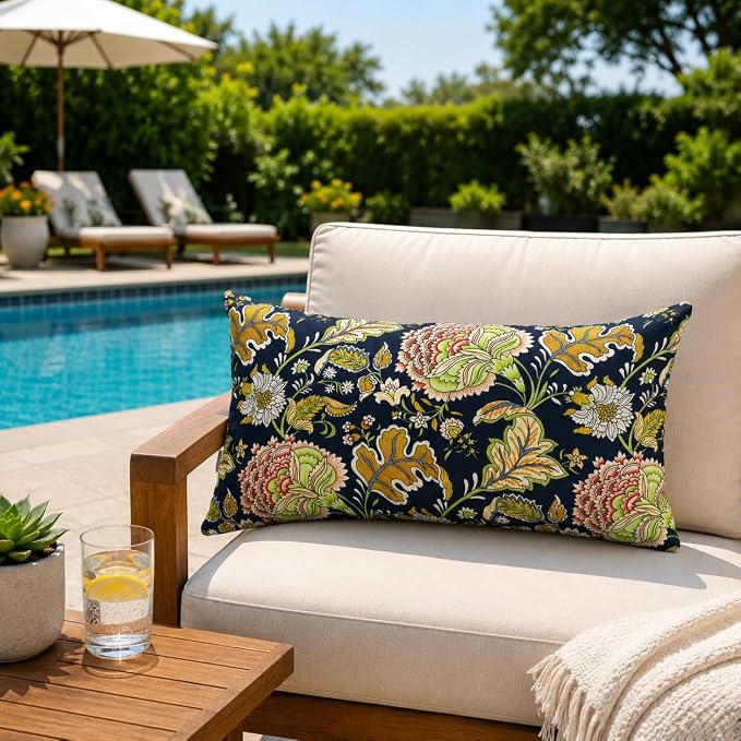 Outdoor Lumbar Pillows 12"x20" Waterproof Patio Pillows with Inserts | Set of 2 Fade Resistant Outdoor Waterproof Lumbar Pillow Decorative Garden Lumbar Cushions for Home Patio Terrace Sofa