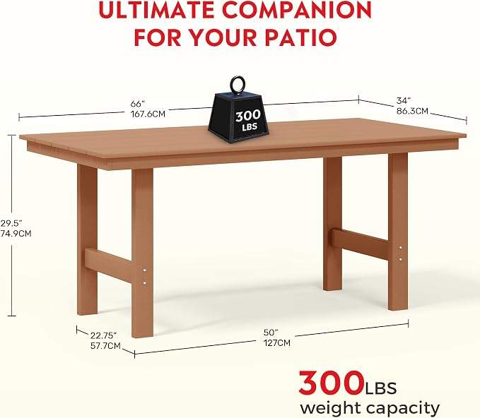 Costaelm Outdoor Patio Table, Outdoor Dining Table for 6, Weather Resistant Rectangle Patio Table with Umbrella Hole for Outside, Garden, Poolside, Porch, Teak