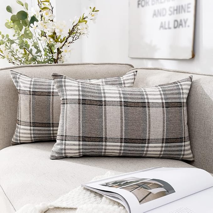 Brown Plaid Farmhouse Decorative Lumbar Pillow Covers 12x20 for Couch Sofa | Set of 2, Fall Winter Lumbar Pillow Covers 12 x 20, Cottage Core Decor, Vintage Rustic, 12x20 Accent Pillow Covers Only