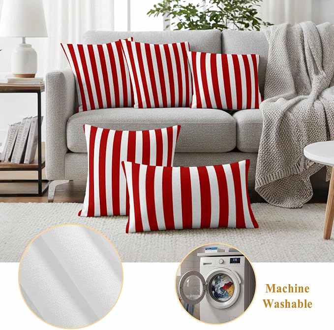 Red Striped Outdoor Waterproof Throw Pillow Covers 16x16 Set of 2, Christmas Farmhouse Red White Stripes Decorative Pillowcases Cushion Pillowcase for Couch Sofa Patio Outside Pillow Protector