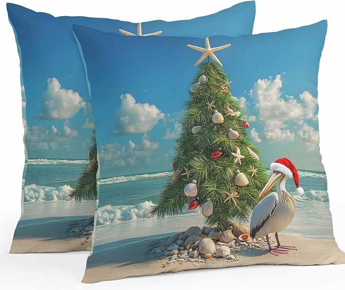 Christmas Outdoor Throw Pillows Covers 24x24 inch Set of 2 Waterproof Christmas Tree Decorative Zippered Cushion Covers for Patio Furniture, Pelican Starfish Shell Beach Wave Lumbar Pillowcases