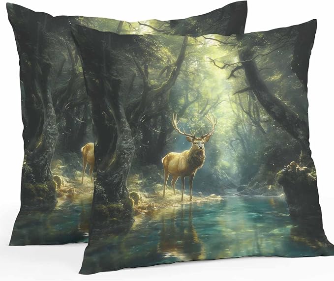 Green Forest Deer Waterproof Outdoor Pillow Covers Set of 2 Home Decor, Fantasy Vintage Nature Scenery Pillowcase Patio Pillow Covers for Couch Bench Furniture Garden 18x18in