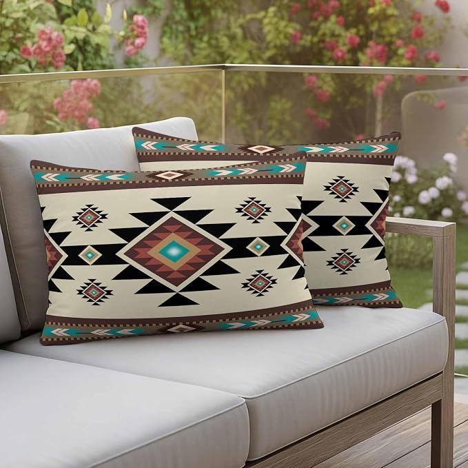 Southwest Geometric Waterproof Outdoor Pillow Covers 20''x12'' Set of 2, Brown Mexican Aztec Boho Tribal Patio Furniture Cushion Covers for Chairs, Decorative Pillow Cases for Garden/Pool/Beach