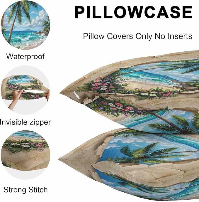 Tropical Floral Botanical Outdoor Pillow Covers 20x20 Inch Throw Pillow Covers Set of 2 Waterproof Decorative Pillow Cases Palm Tree Summer Beach Cushion Covers for Patio Furniture Garden Couch Sofa
