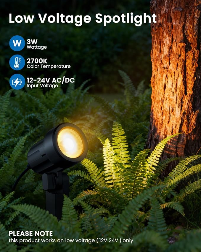 All-in-One Low Voltage Landscape Lighting Kit, 12-Pack, Warm White | LED Landscape Lights with Transformer 100FT Wire and Connectors, 2700K Waterproof Garden Spot Lights for Yard House Tree