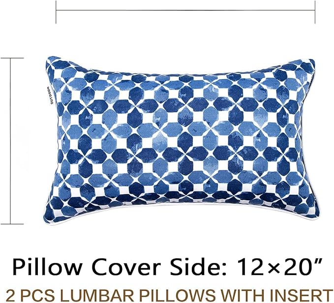 JMGBird Outdoor Lumbar Pillows Waterproof 12x20 Throw Pillows with Inserts | Blue Diamond Petal Pattern UV Fade Resistant Patio Cushions