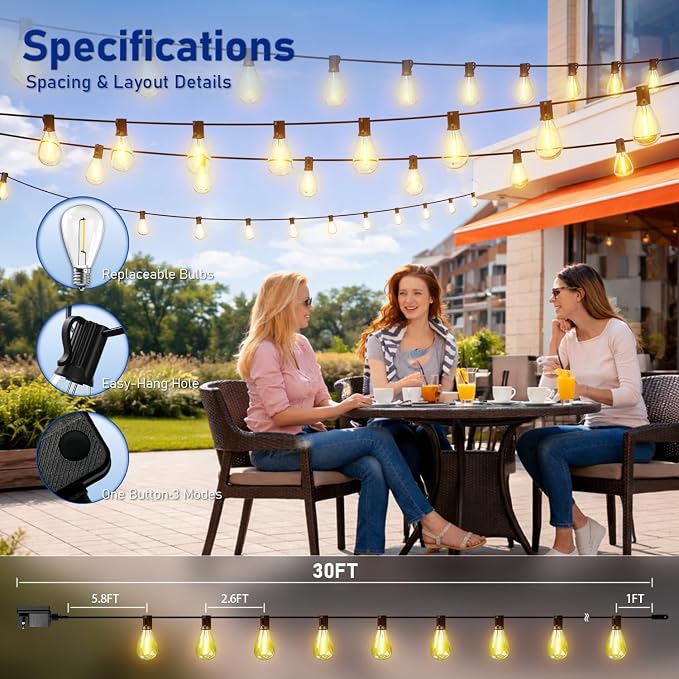 30FT Outdoor String Lights with Remote & Dimmable, 10+1 Shatterproof Waterproof Bulbs, Dimmable Outside Hanging Patio Lights for Backyard, Porch, Deck, Garden 2200K Warm White