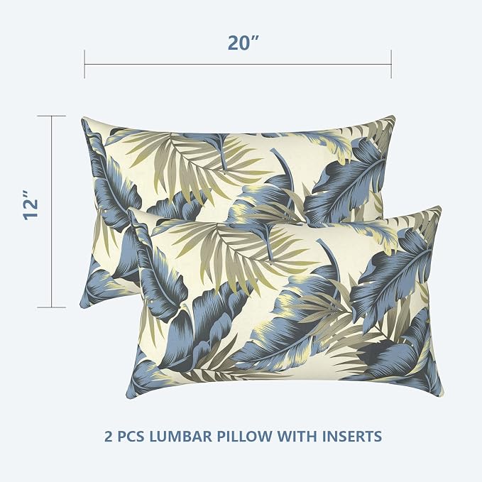 LVTXIII Set of 2 Patio Lumbar Pillows, 12" x 20" Fade Resistant Outdoor Lumbar Pillow with Inners, Fluffy Decorative Garden Lumbar Cushions for Home Patio Coach Sofa Use, ‌Lush Palm Blue