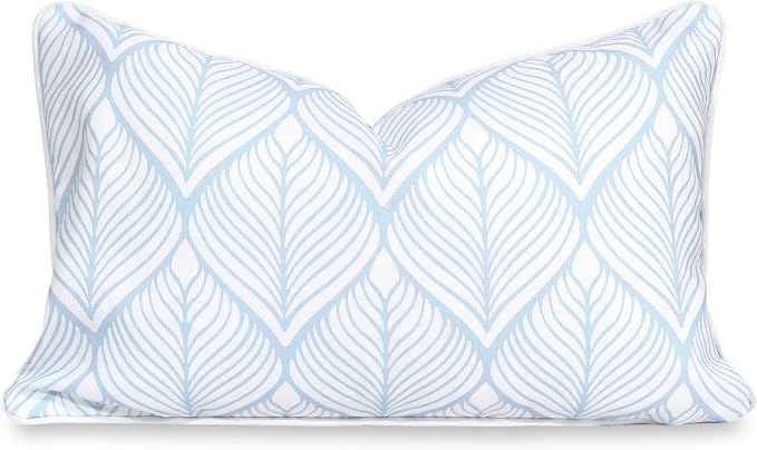 Hofdeco Premium Coastal Patio Indoor Outdoor Lumbar Pillow Cover Only, 12"x20" Water Repellent for Backyard, Couch, Baby Blue Print Geometric Leafs