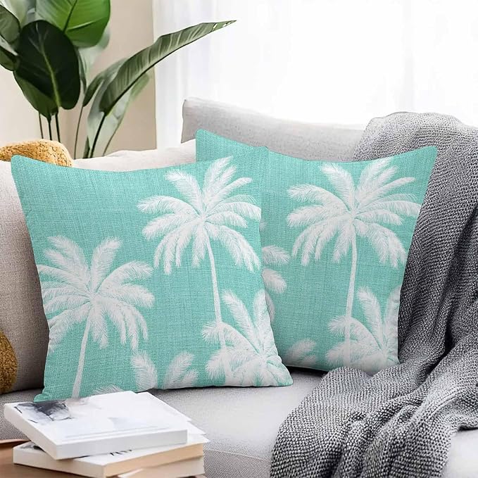 Outdoor Pillow Covers 26x26 Inch Set of 2, Teal Palm Trees Waterproof Throw Pillow Covers, Farmhouse Tropical Summer Beach Decorative Cushion Pillowcases for Couch, Sofa, Bed, Garden, Patio