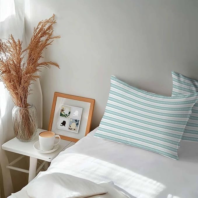 Boho Turquoise Stripe Waterproof Outdoor Pillow Covers Set of 2 Home Decor, Abstract Geometric White Minimalist Pillowcase Patio Pillow Covers for Couch Bench Furniture Garden 20x12in